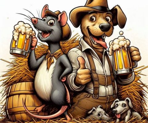a comic style rat and dog holding beer steins and standing on a bale of hay (1)_Oct-Trial-24
